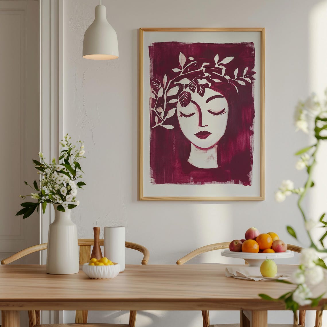 Burgundy Woman Face Leaf Crown Modern Minimalist Style Poster - Image 3