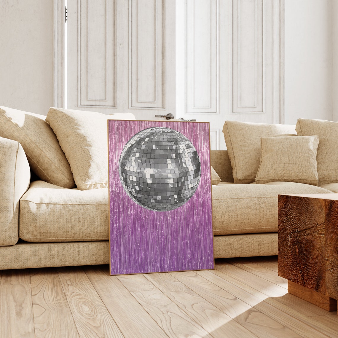 Silver Sparkly Disco Ball Pink Tinsel Backdrop Party Art Poster - Image 3