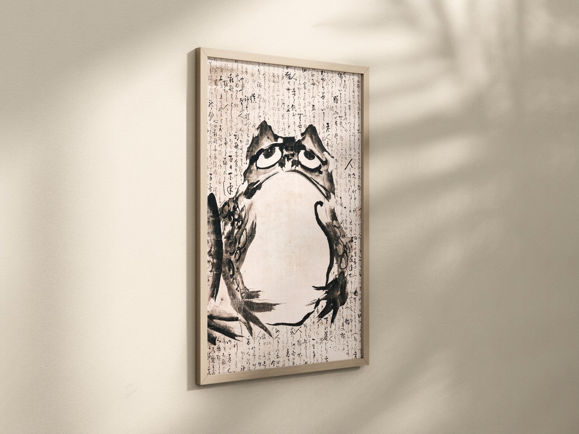 Vintage Japanese Frog Ink Art Grumpy Toad Woodblock Style Poster - Image 3