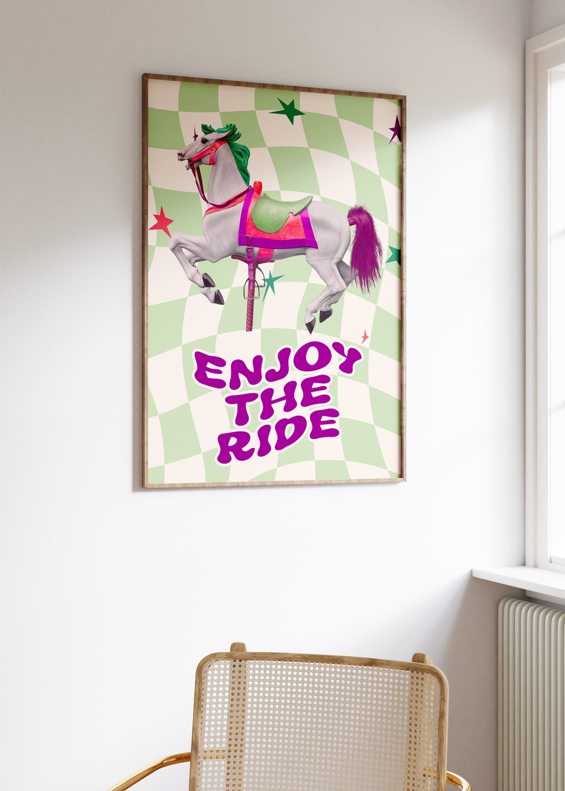 Enjoy The Ride Carousel Horse Checkerboard Funky 90s Nostalgia Poster - Image 2