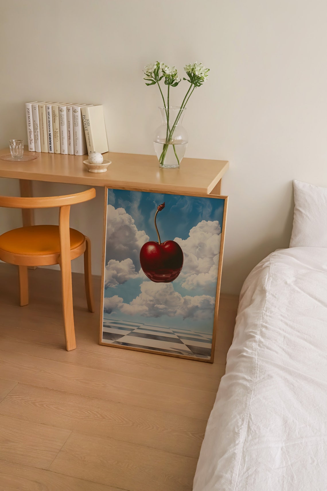 Giant Red Cherry Floating Clouds Surreal Checkerboard Sky Poster - Image 2