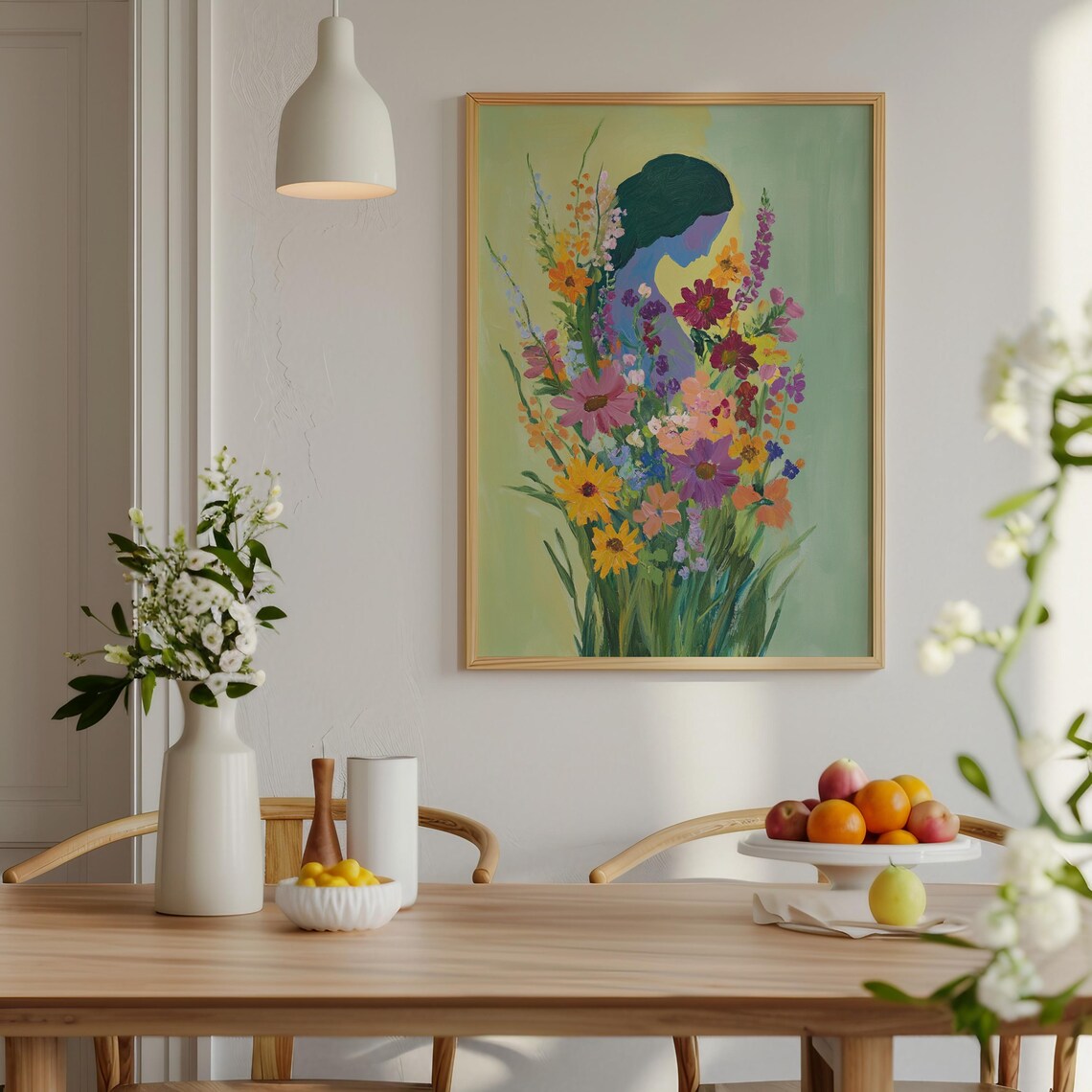 Teal Woman Silhouette Wildflower Meadow Floral Art Painting Poster - Image 3