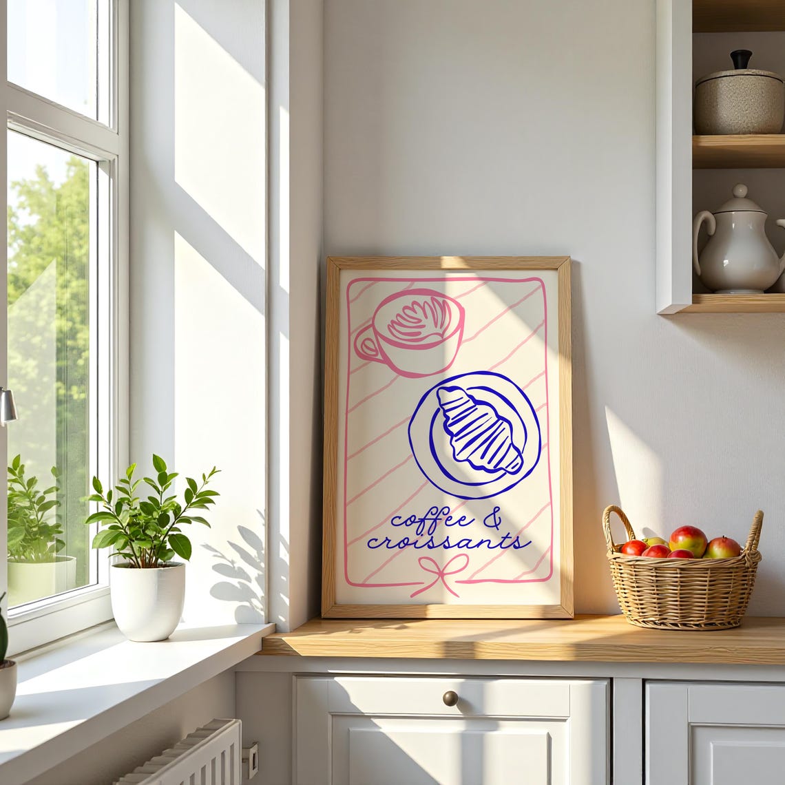 Coffee and Croissants Pink Blue Line Art French Cafe Kitchen Poster - Image 2