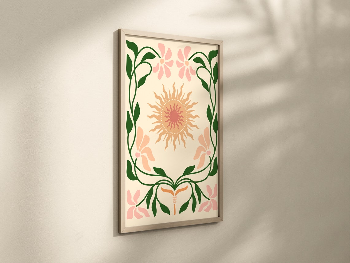 Boho Retro Floral Sun Vine Border Decorative Botanical Line Art Poster - Image 2