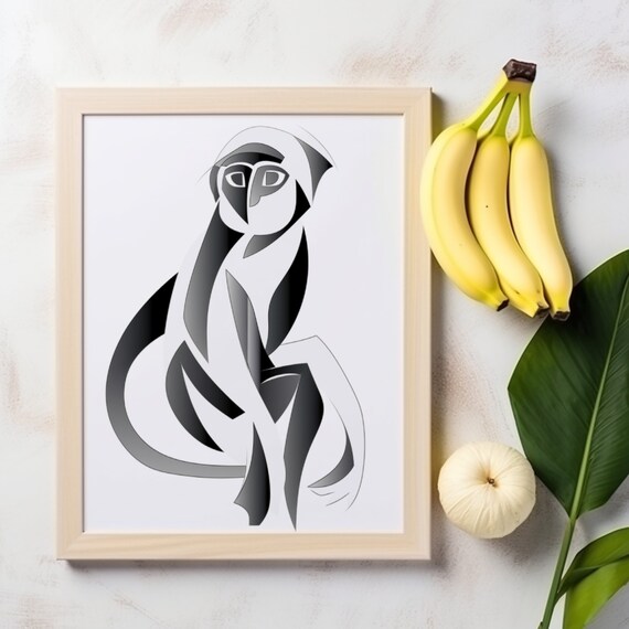 Abstract Monkey Geometric Line Art Modern Black White Wall Poster