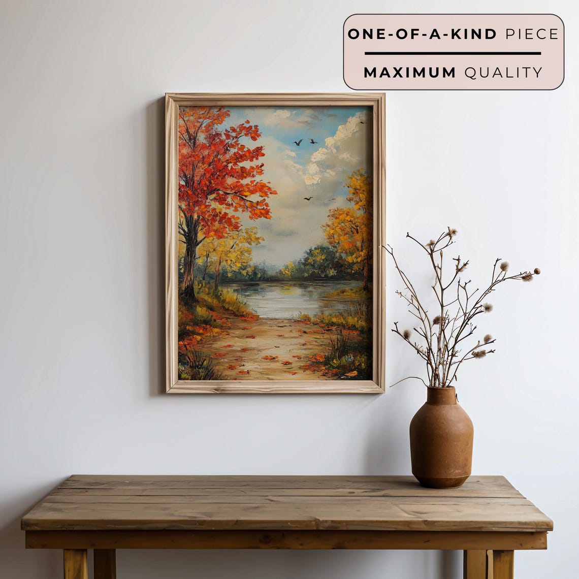 Autumn Lakeside Path Red Tree Calm Lake Vintage Fall Landscape Poster - Image 3