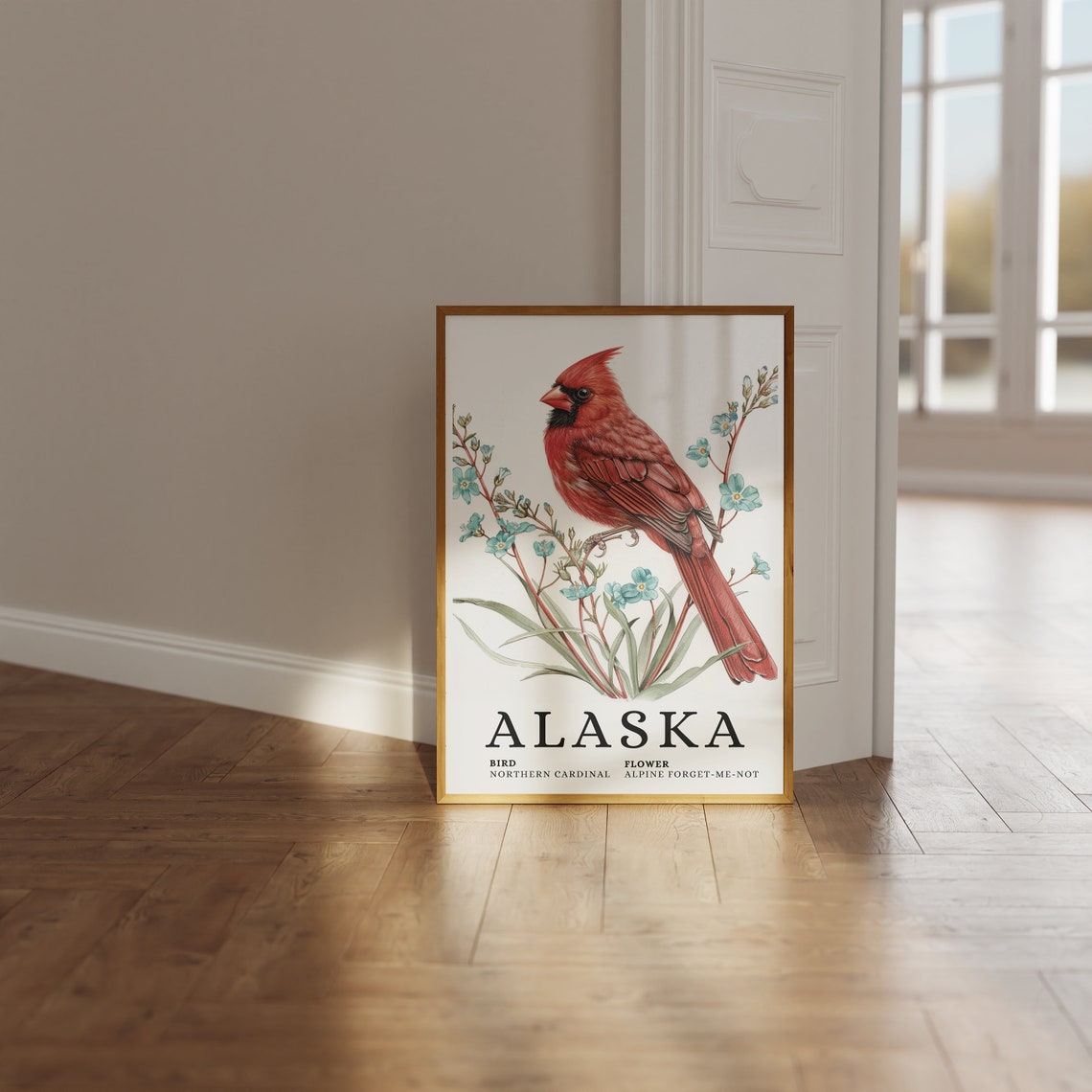 Alaska Northern Cardinal Alpine Forget-Me-Not Bird Flower Art - Image 3