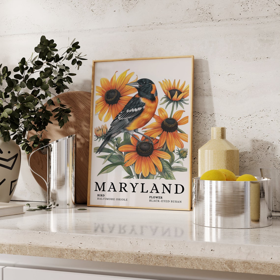 Maryland Baltimore Oriole And Black Eyed Susan Botanical Art Print - Image 2