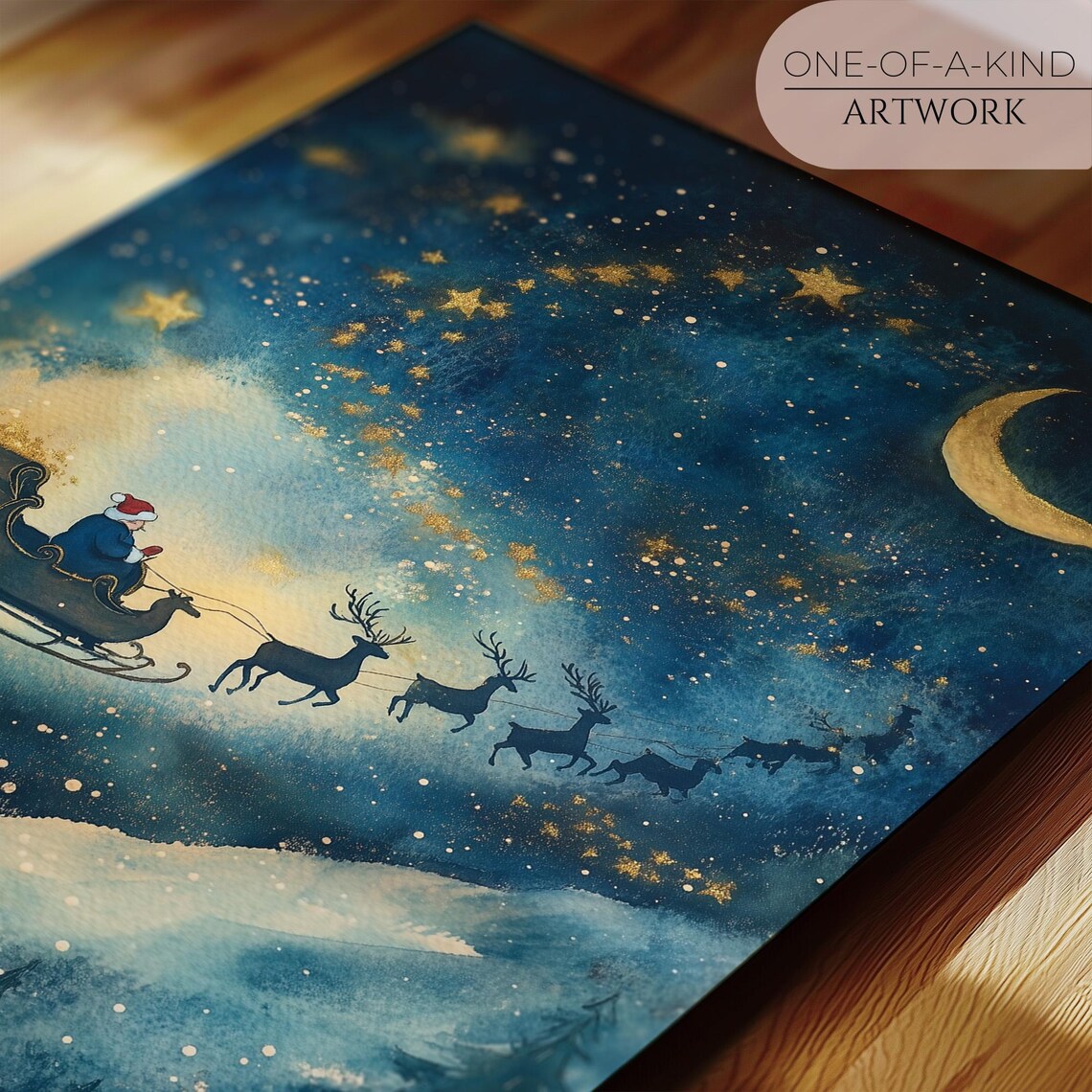 Santas Sleigh Flying Under Starry Night Sky Watercolor Christmas Art Print - Image 2