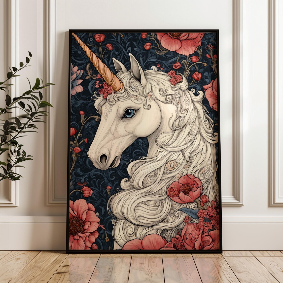 Mystical White Unicorn Portrait Pink Poppies William Morris Style Poster