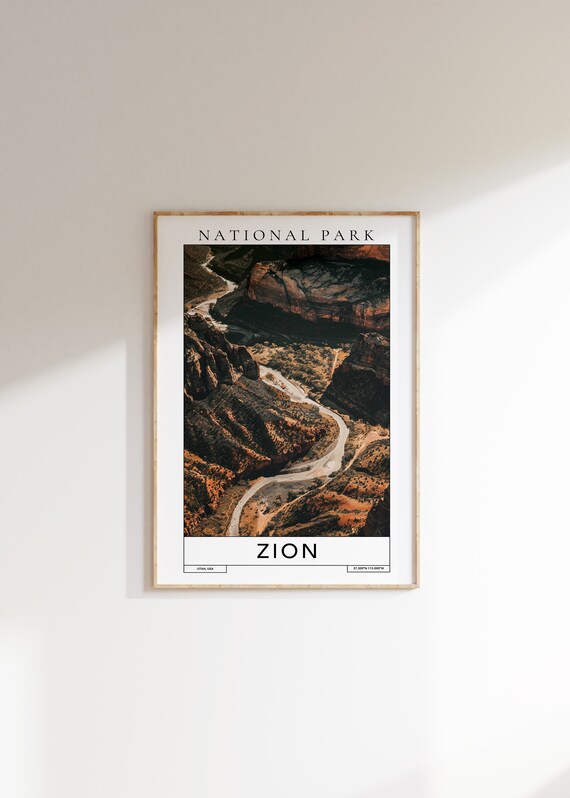 Zion National Park Utah Canyon River Bends Aerial View Travel Poster