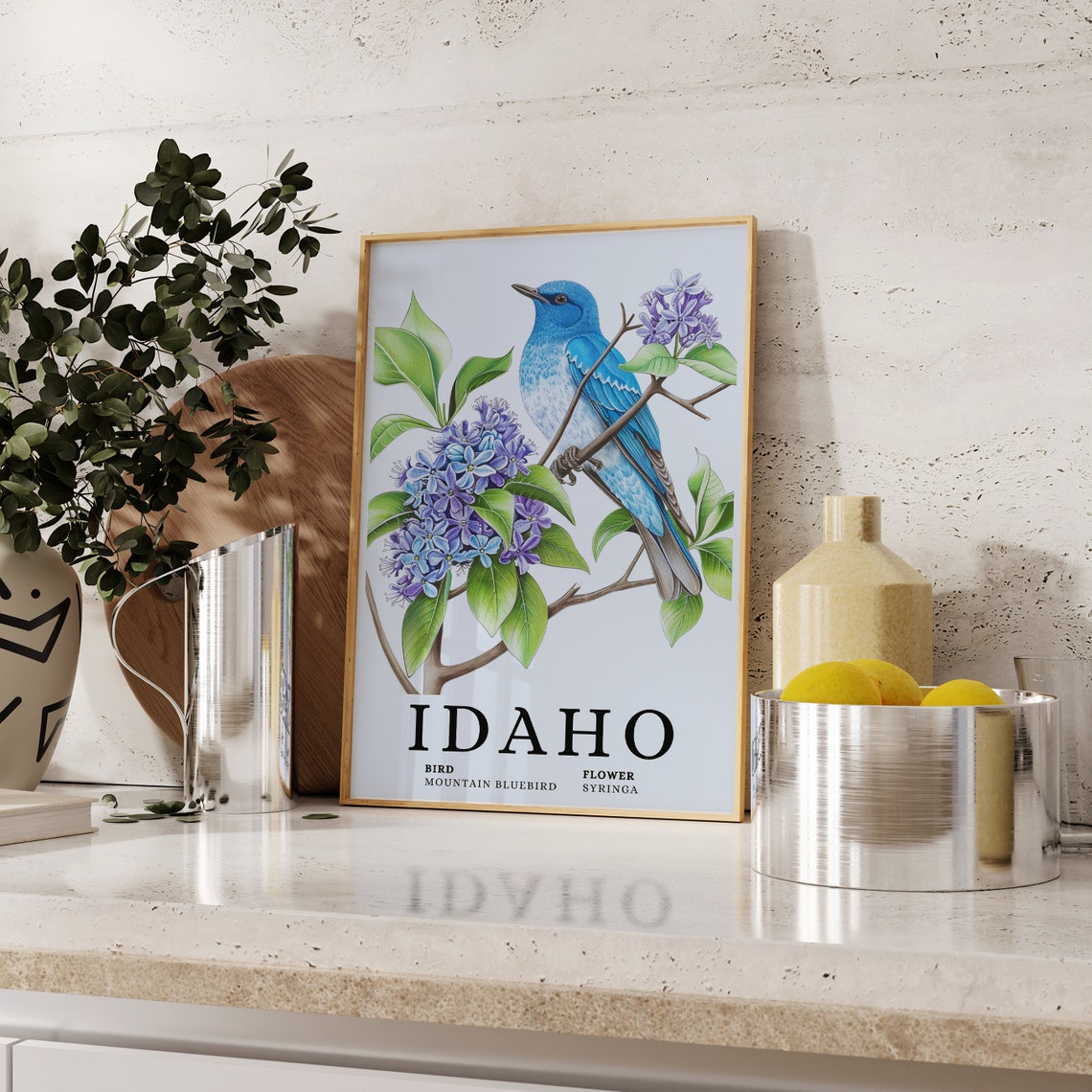 Idaho Mountain Bluebird With Syringa Blossom Botanical Art Print - Image 2