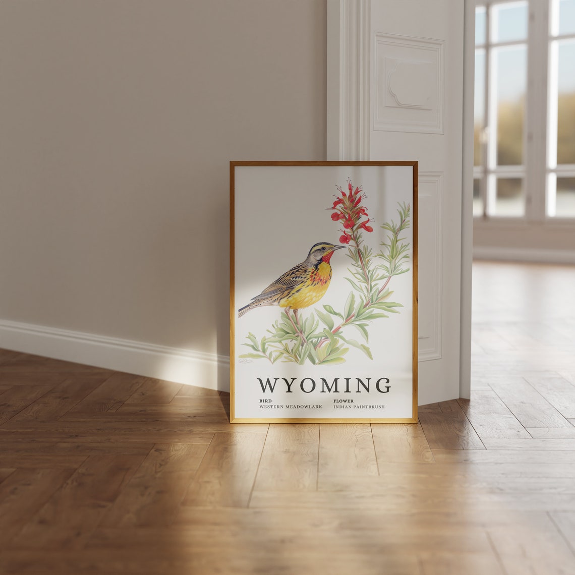 Wyoming Western Meadowlark And Indian Paintbrush Botanical Art Print - Image 3