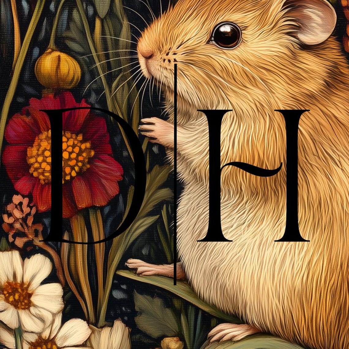 Golden Hamster Among Red Orange Wildflowers Dark Botanical Art Poster - Image 3