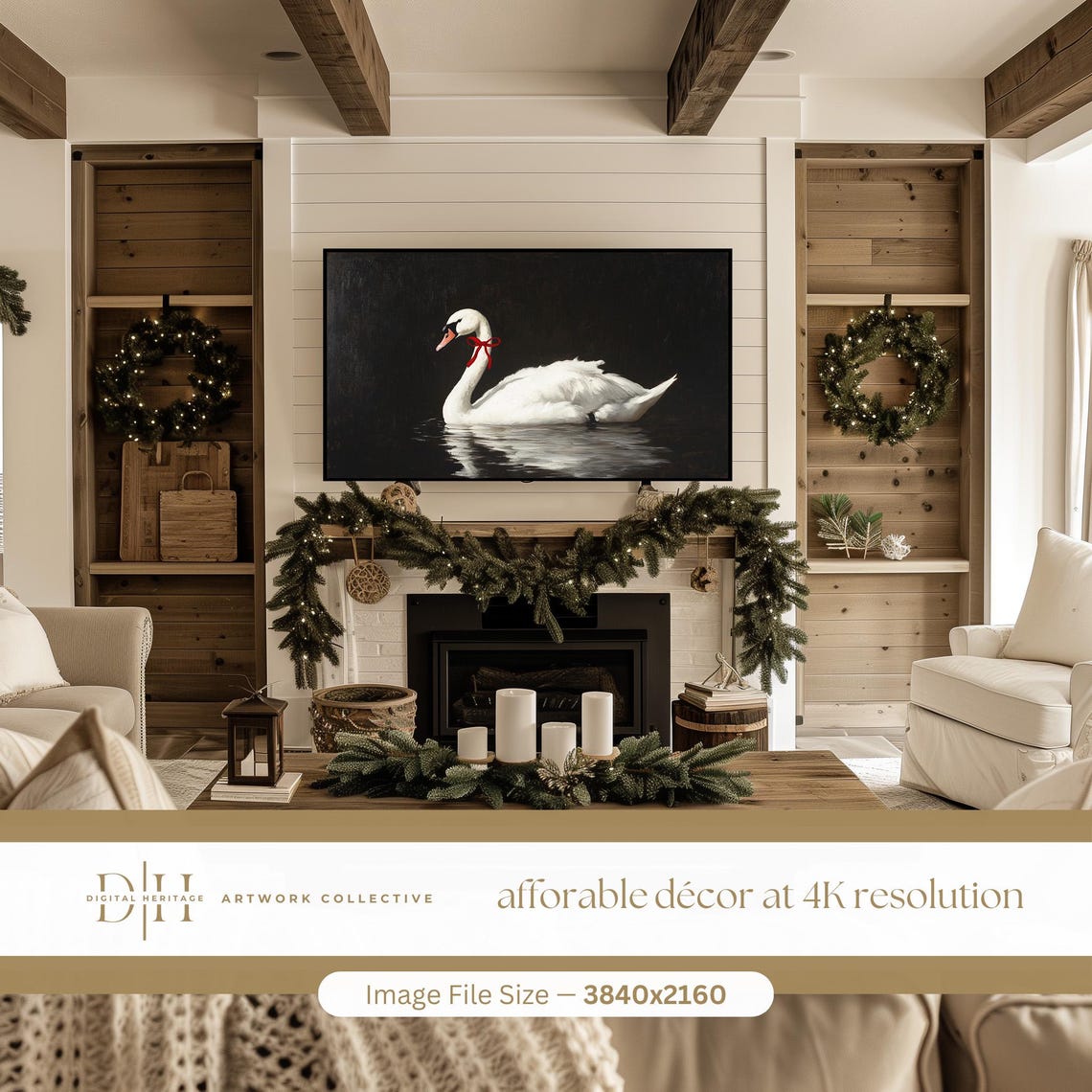 White Swan With Red Ribbon Dark Moody Frame TV Screensaver Art Print - Image 2