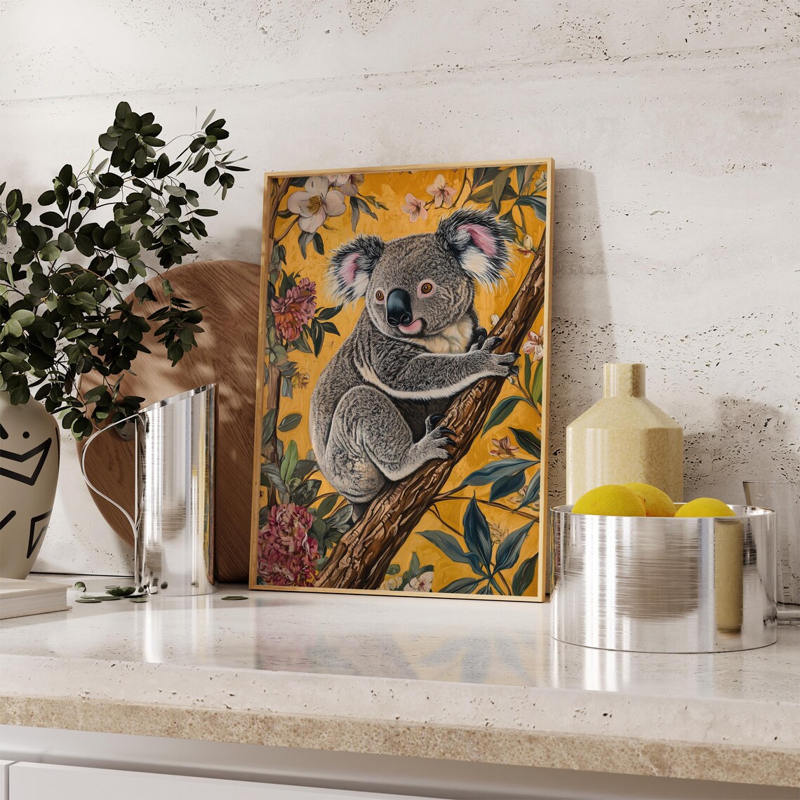 Koala Climbing Branch Golden Yellow Blossoms Warm Nursery Art Poster - Image 2