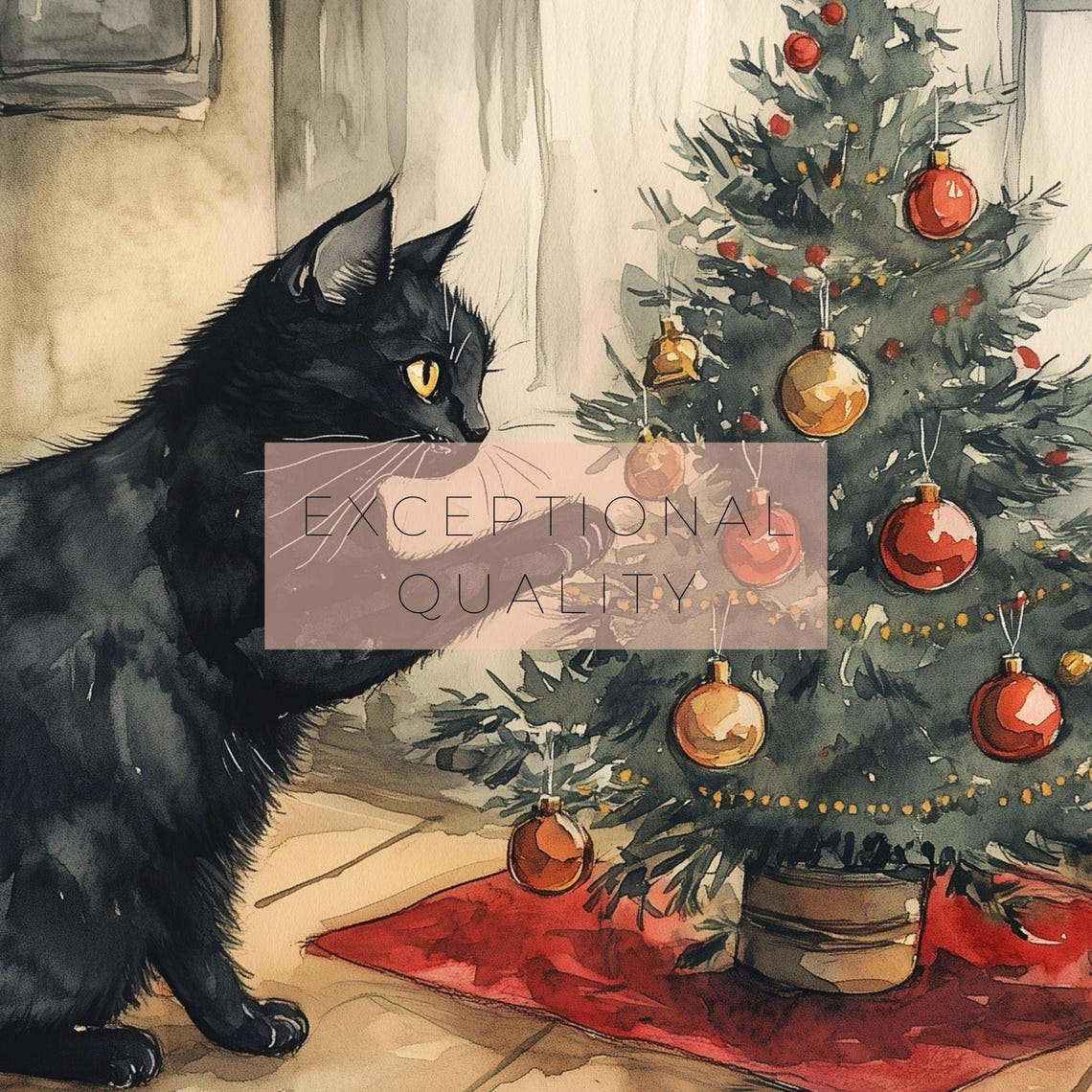 Black Cat Playing With Christmas Tree Watercolor Holiday Pet Art Print - Image 3