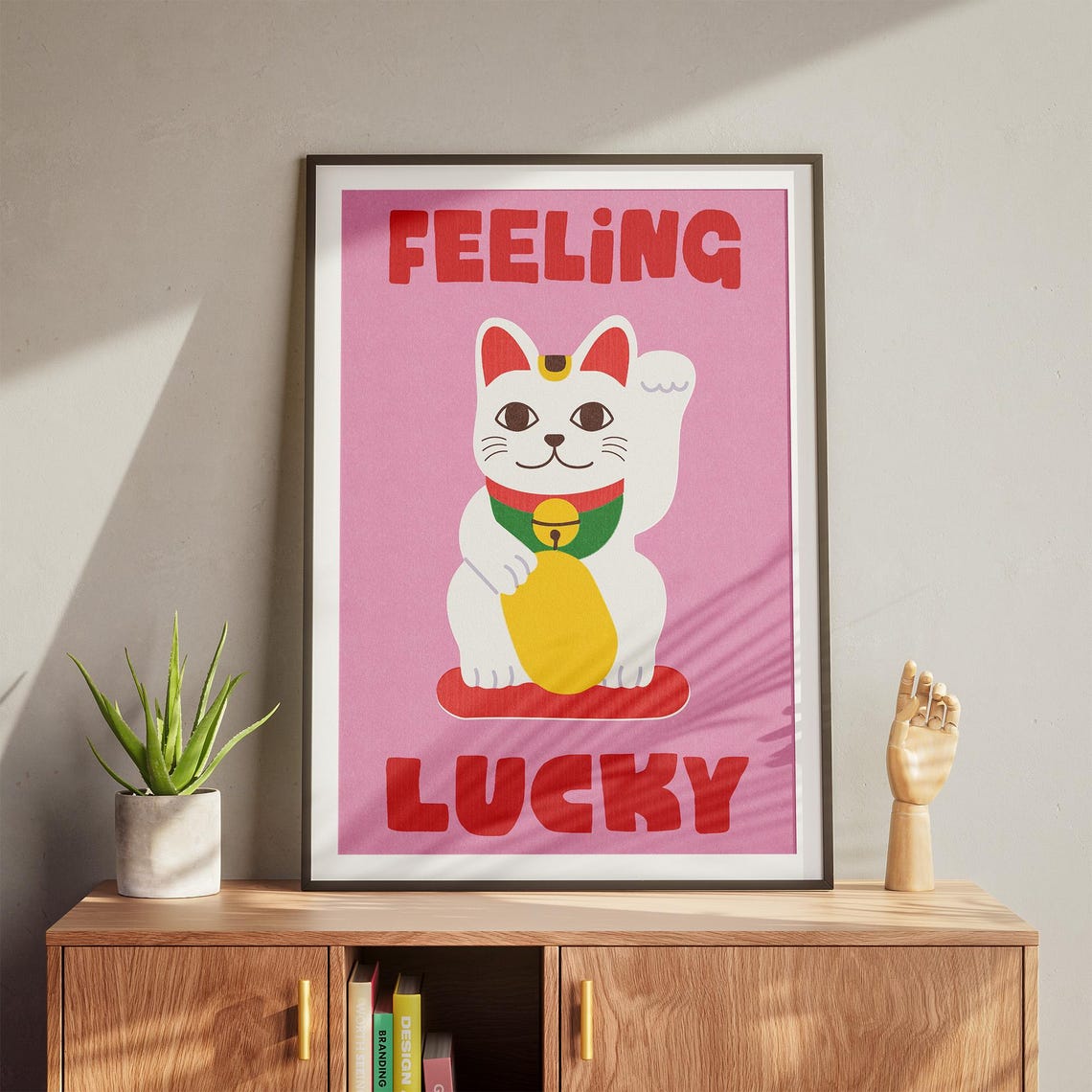 Feeling Lucky Japanese Maneki Neko Fortune Cat Pink Quote Poster - Image 4