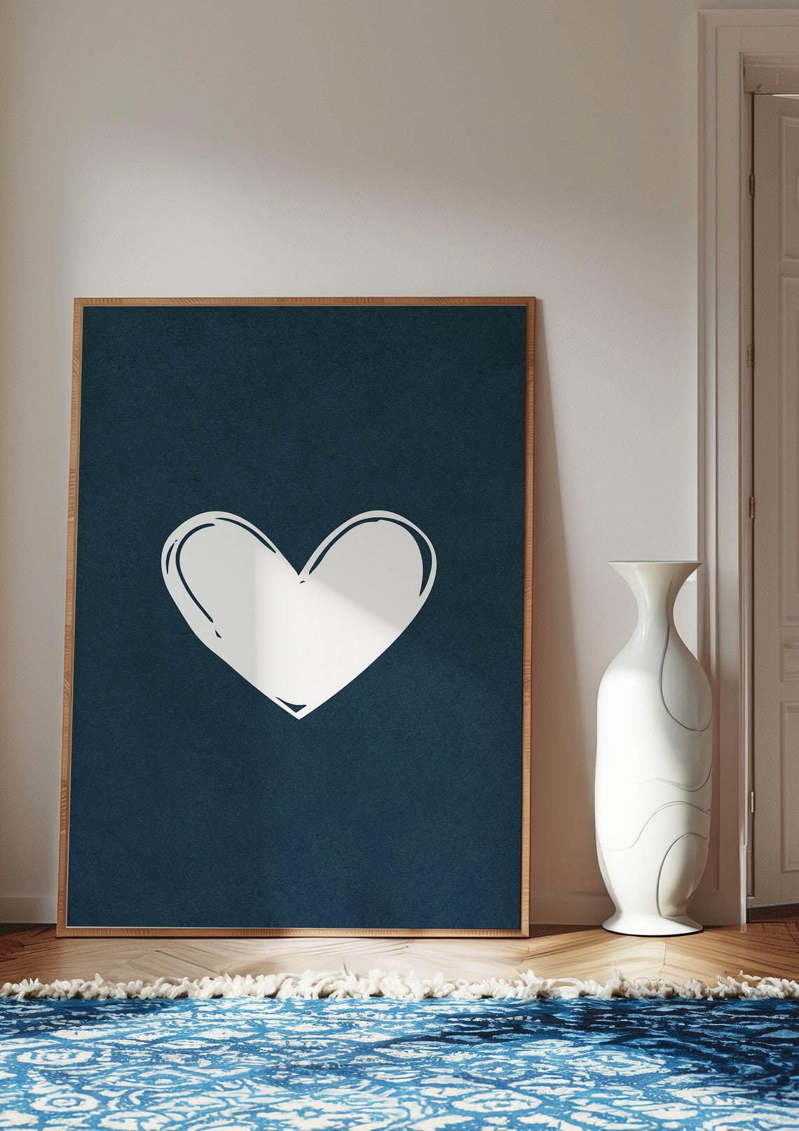 Minimalist White Heart on Navy Blue Modern Abstract Wall Art - Image 3