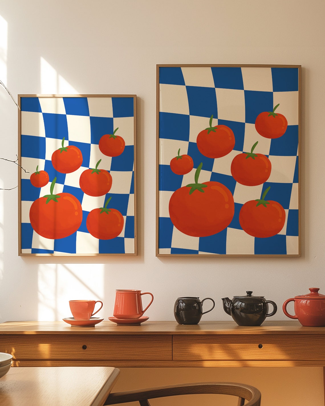 Retro Red Tomato Illustration on Blue Checkered Kitchen Art Poster - Image 2