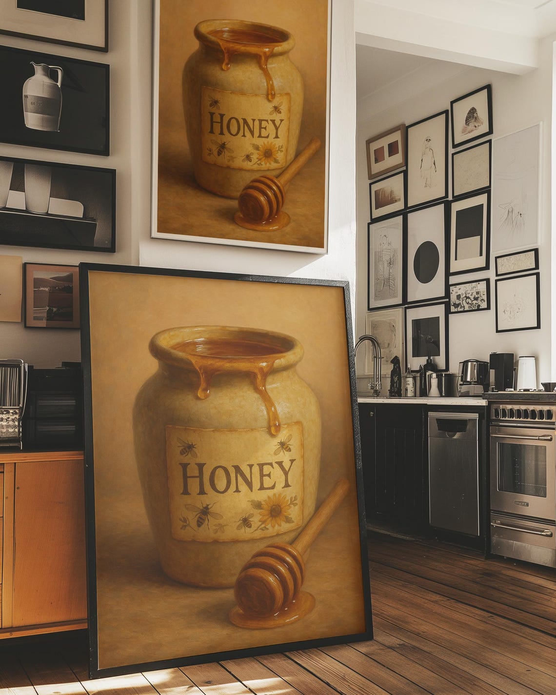 Vintage Honey Jar Oil Painting Rustic Kitchen Bee Decor Wall Art - Image 4
