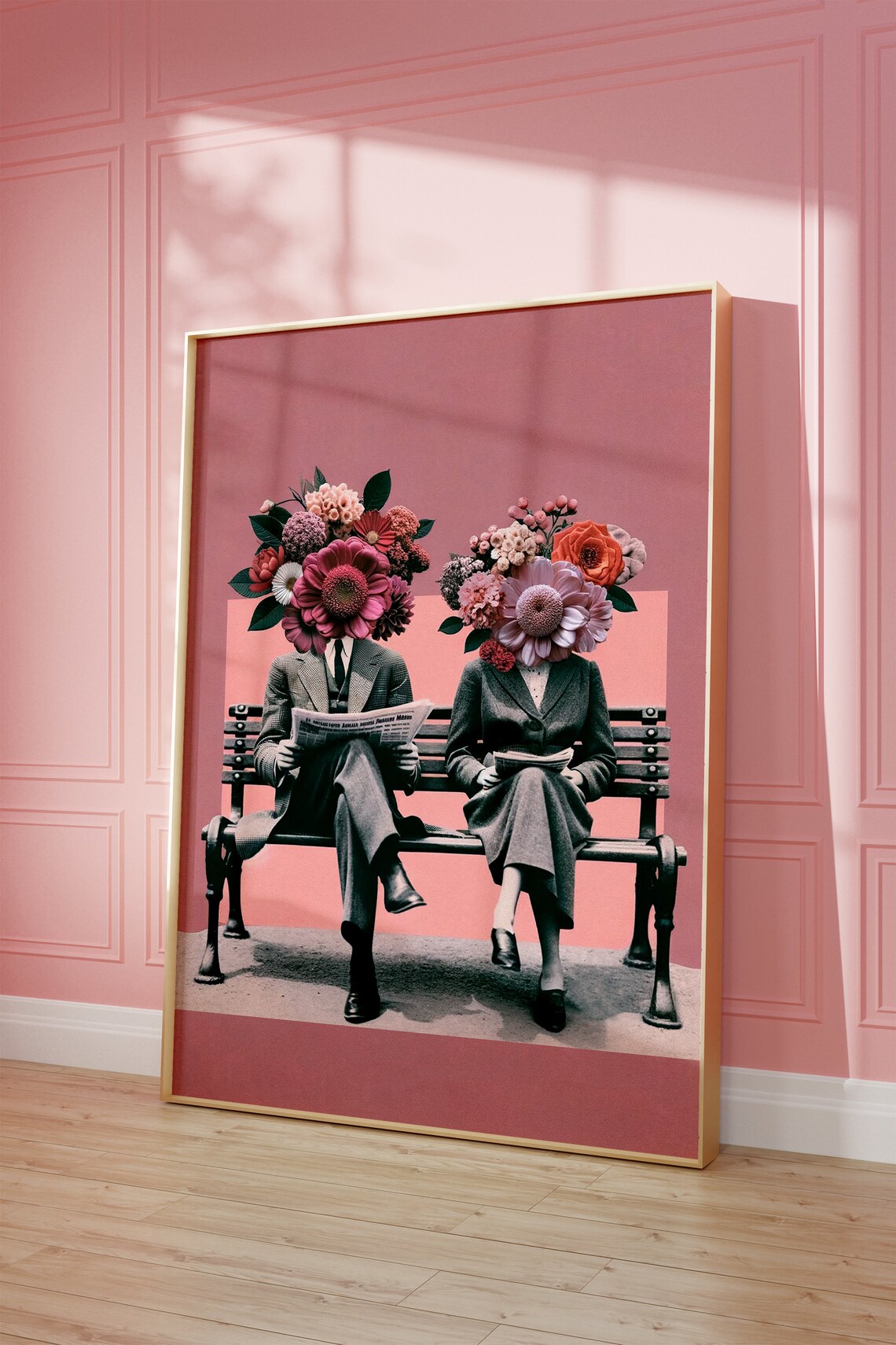 Couple Print Bench Blooms Retro Poster Art