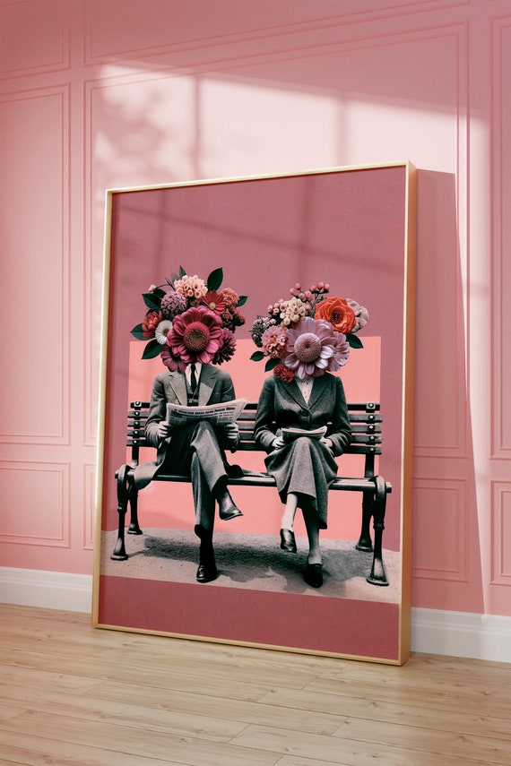 Couple Print Bench Blooms Retro Poster Art