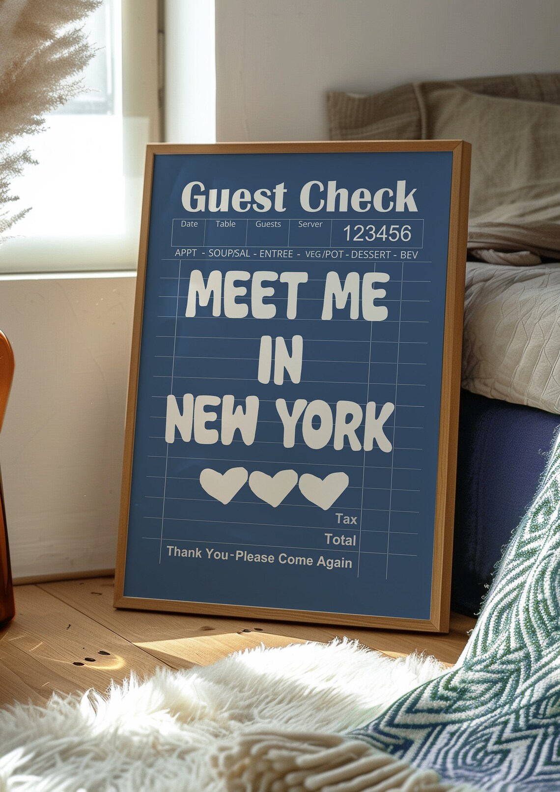 Meet Me In New York Navy Guest Check Heart Retro Travel Quote Poster - Image 2