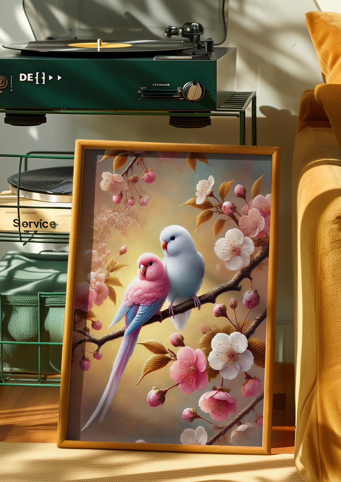 Love Birds Parakeets on Blossom Branch Romantic Bird Wall Art - Image 2