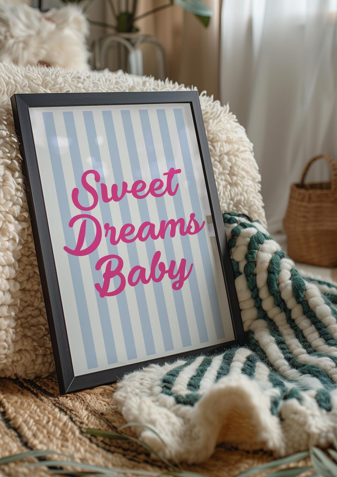 Sweet Dreams Baby Pink Script Poster, Blue Striped Nursery Decor - Image 2