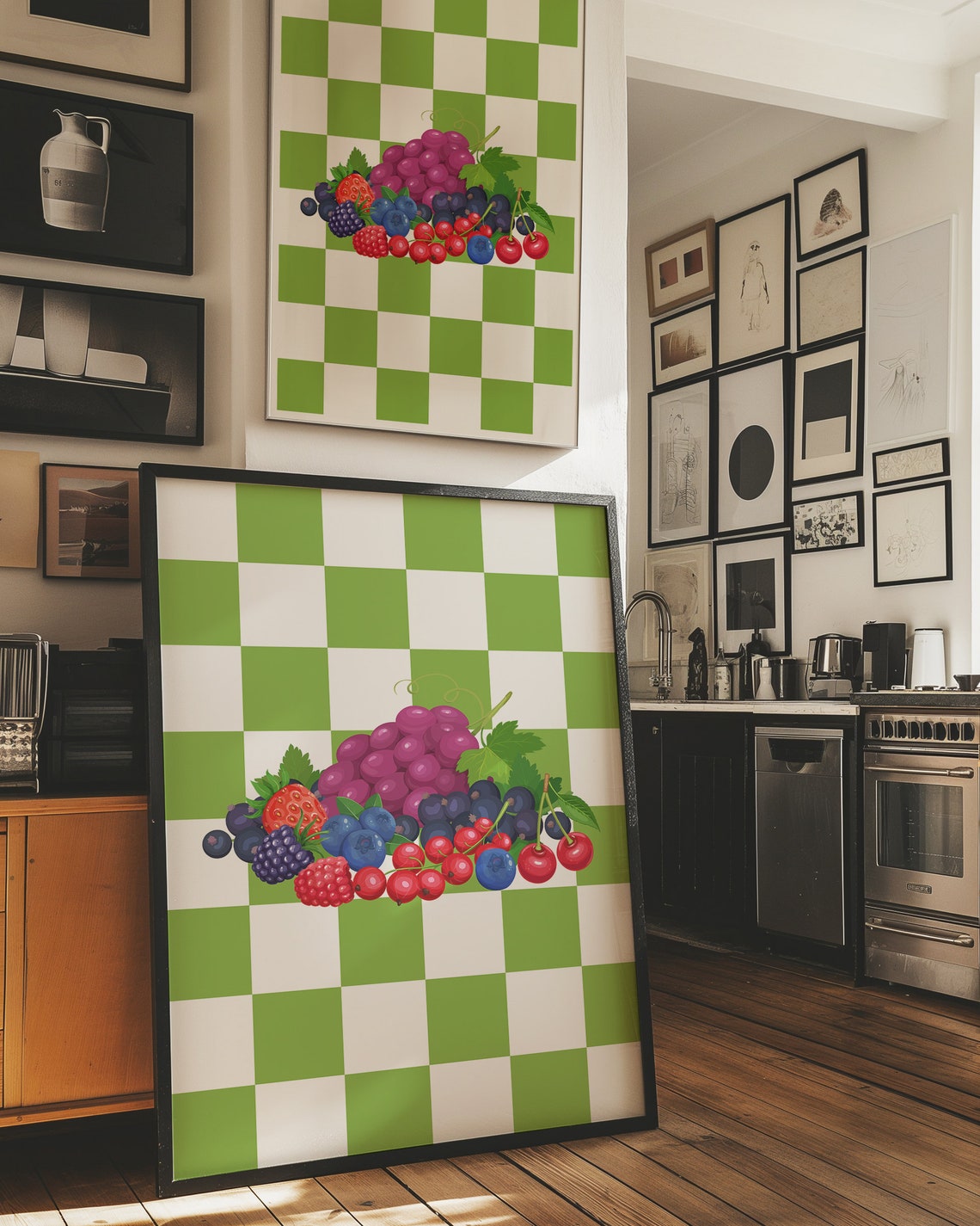 Checkerboard Juicy Fruit Pile Retro Green Kitchen Food Poster - Image 3