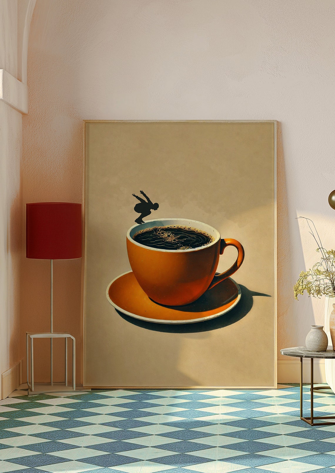 Vintage Orange Espresso Cup Diver Silhouette Whimsical Coffee Poster - Image 3