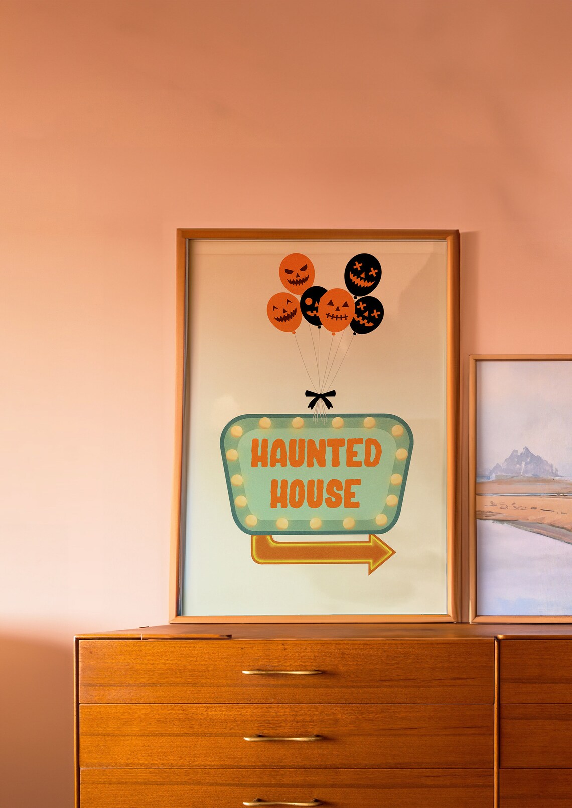 Haunted House Retro Marquee Sign Pumpkin Balloons Orange Halloween Poster - Image 2