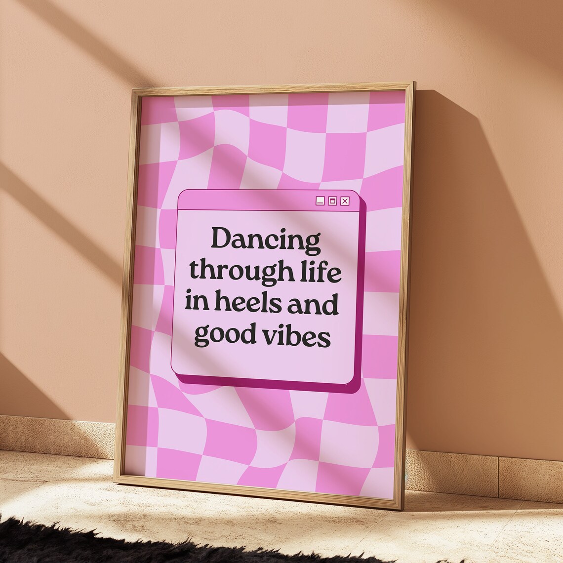 Dancing Through Life in Heels and Good Vibes Pink Checkered Quote Poster - Image 3
