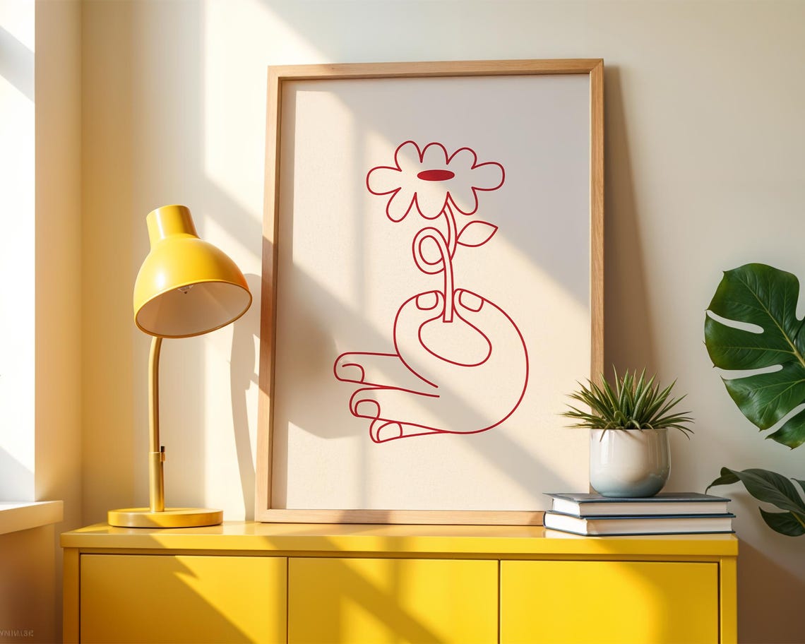 Elegant Minimalist Red Line Drawing Hand Holding a Flower Print - Image 4