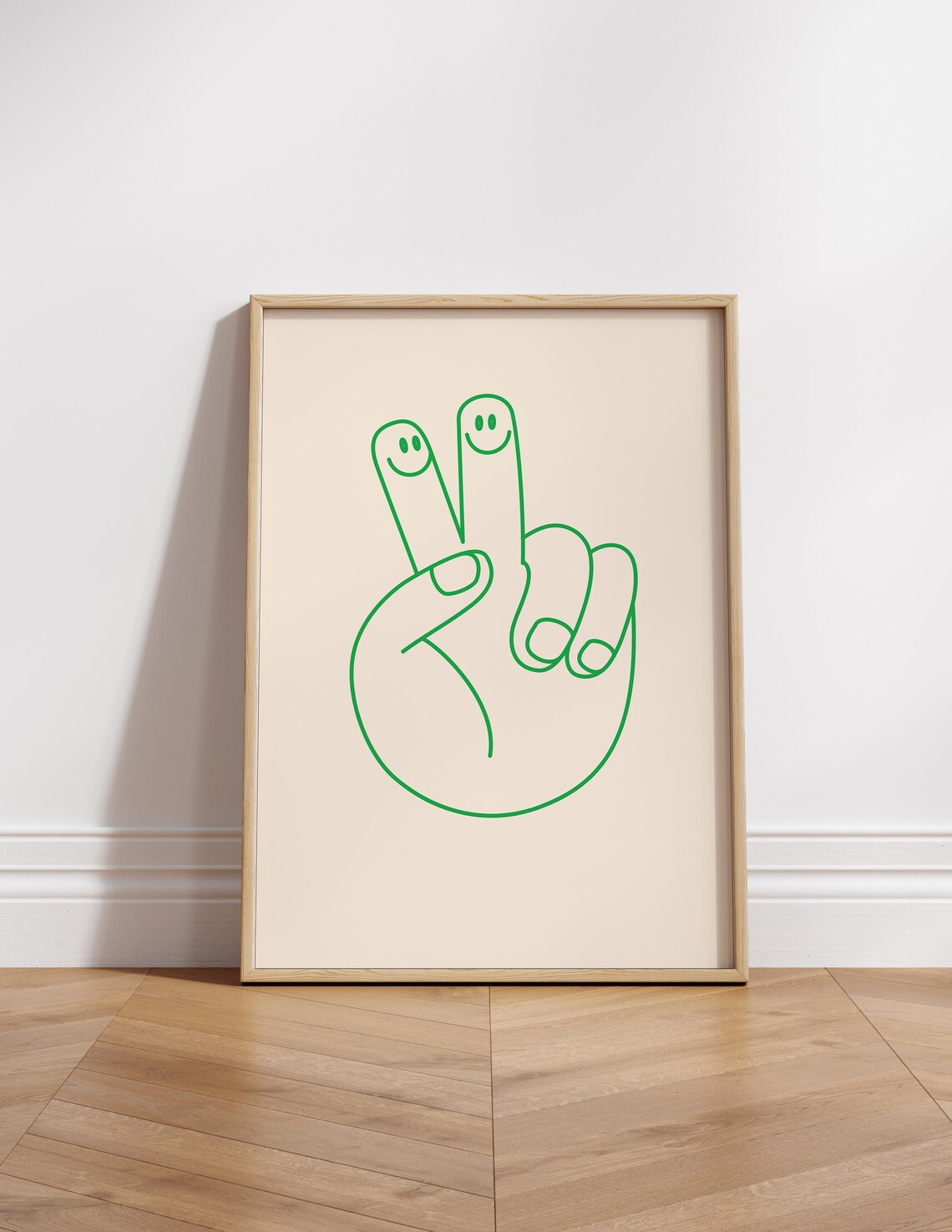 Green Line Peace Sign Hand with Smiley Faces Minimalist Poster