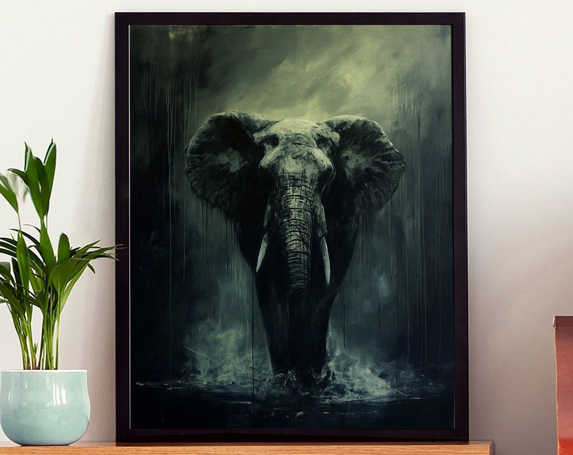 Dark Elephant Emerging in the Rain Monochrome Dramatic Animal Poster - Image 8