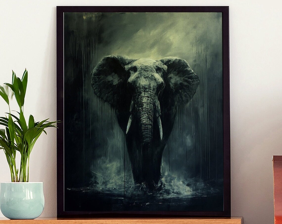 Elephant Emerging in the Rain Moody Monochrome Wildlife Art Poster - Image 8