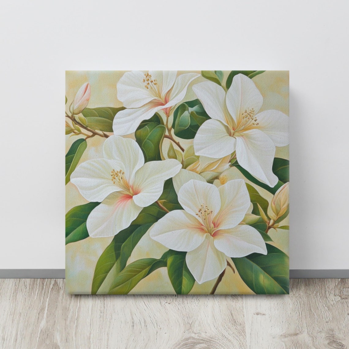 White Hibiscus Blossoms Green Leaves Cream Painting Art Poster