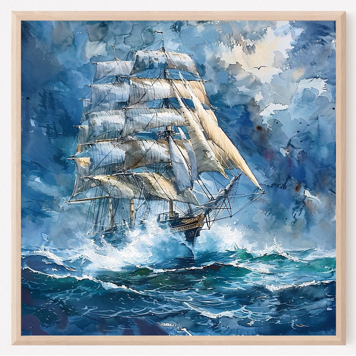 Towering Clipper Ship In Rough Ocean Storm Waves Watercolor Painting Poster