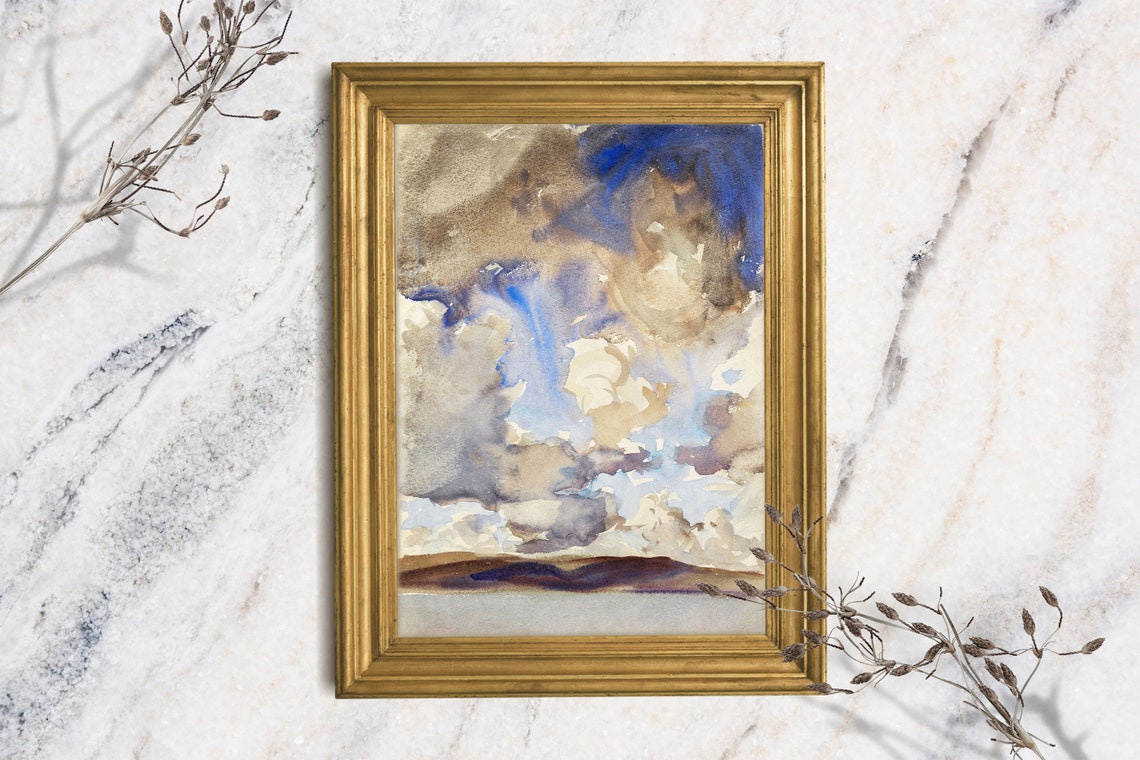 Dramatic Blue Clouds Sky Watercolor Impressionist Cloud Study Poster