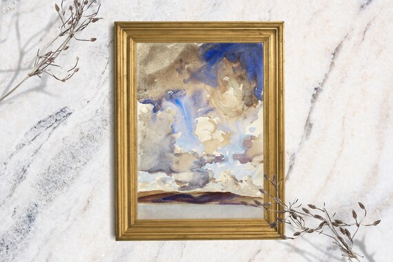 Dramatic Blue Clouds Sky Watercolor Impressionist Cloud Study Poster