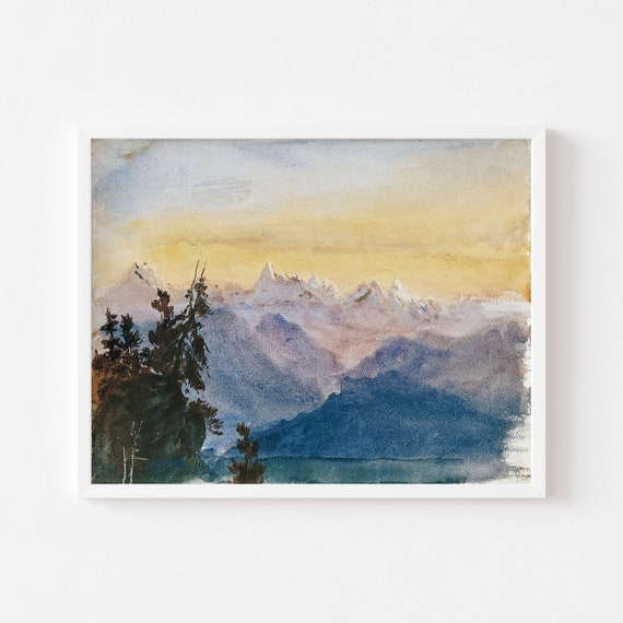 Wall Art Mountain Watercolor Landscape Print Vintage Sunrise Highlands Painting Modern Farm House Decor