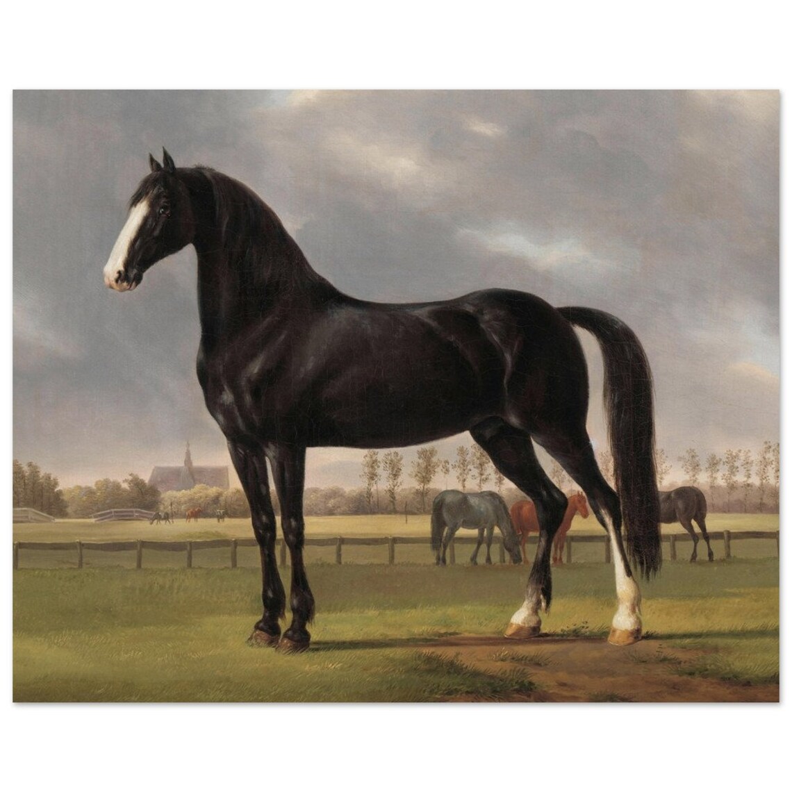Antique Black Horse Portrait Pasture Vintage Equestrian Oil Art Print - Image 2