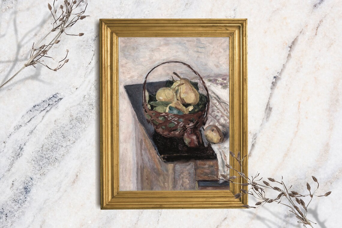 Vintage Pear Basket Still Life Impressionist Fruit Oil Painting Farmhouse Print