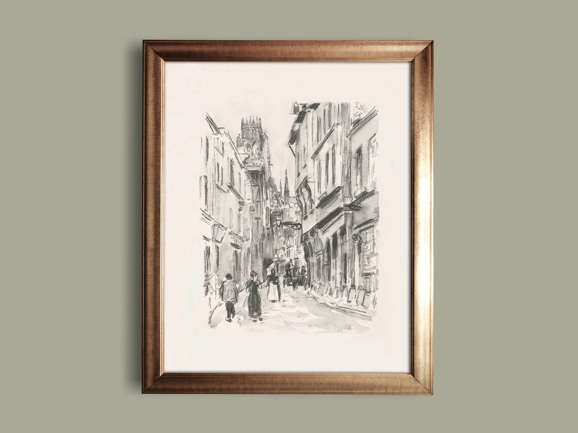 Antique European Old Town Street Ink Sketch Vintage Drawing Art Print - Image 2