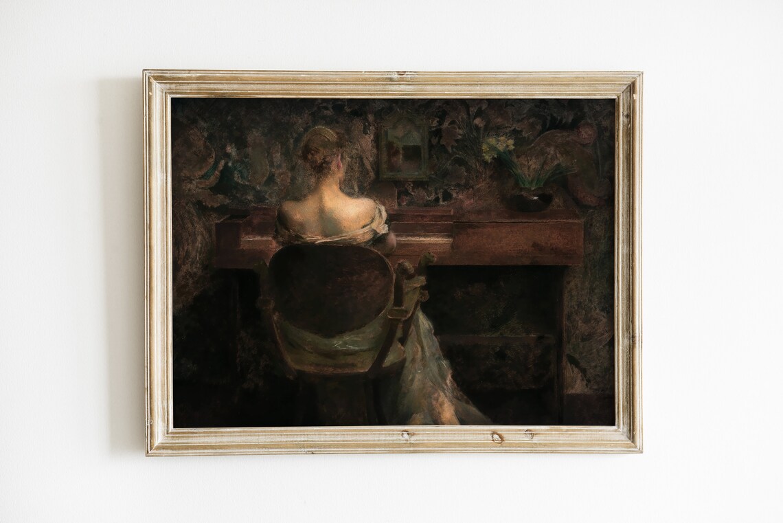 Woman Playing Piano Dark Moody Oil Painting Vintage Interior Art Print