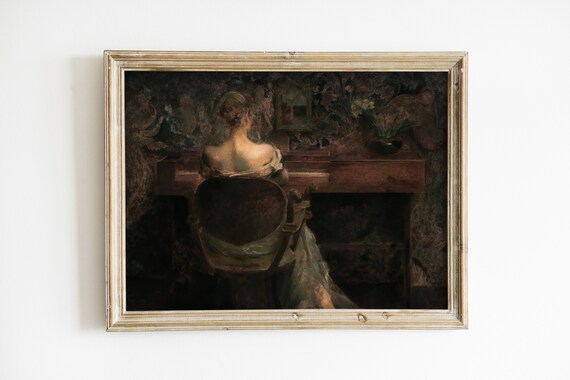Woman Playing Piano Dark Moody Oil Painting Vintage Interior Art Print