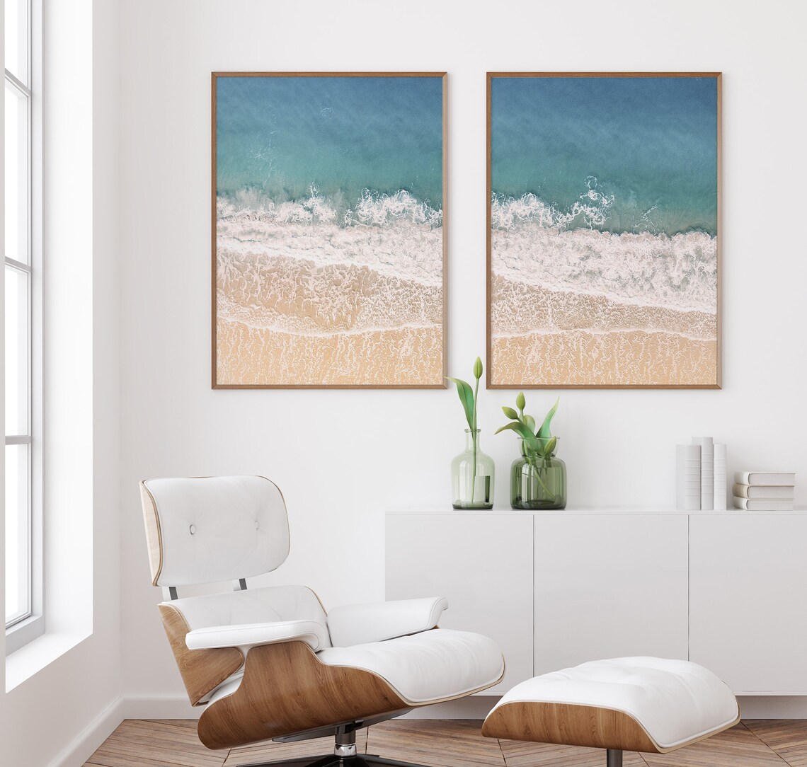 Aerial Ocean Waves Beach Set of 2 Turquoise Sea Foam Golden Sand Print - Image 2