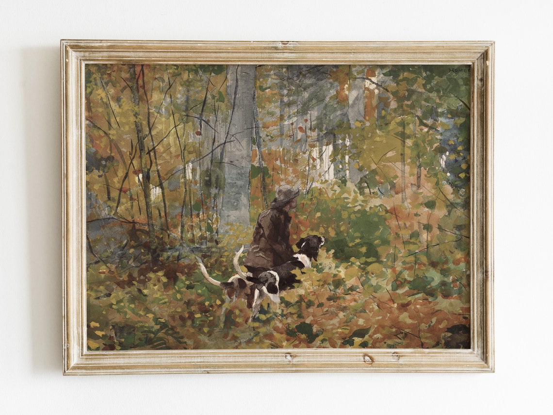 Vintage Pointer Dogs Painting Autumn Hunting Print Vintage Dogs Oil Painting Country Landscape Rustic Farmhouse Wall Decor